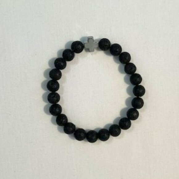 Andrew Christian Lava Stone Bracelet with Silver Cross - Black/Silver - Picture 1 of 4